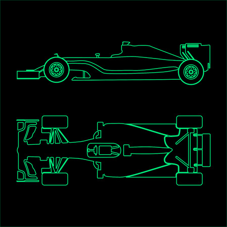 Formula car, linear light silhouette of a racing car isolated on black background. Top view and side view. Vector illustrationのイラスト素材