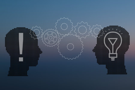 Teamwork and Leadership with education symbol represented by two human heads shaped with gears and...