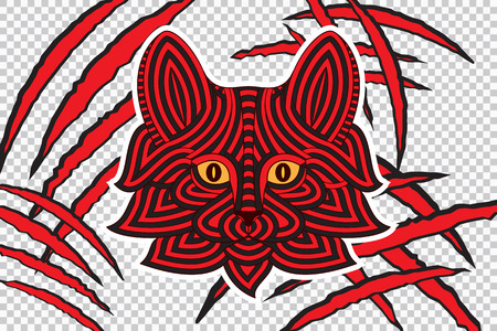 Animal claw scratches with cat face, isolated on checkered background, good for t-shirt design, emblems, labels, stickers. Vector illustrationのイラスト素材