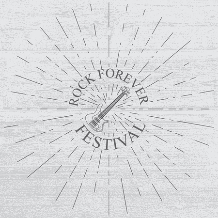 Vector vintage guitar label with sunburst, typography elements, text. Grunge rock and roll style. Guitar symbol, retro design. T shirt prints syle on scratch hipster background. Poster, bannerのイラスト素材