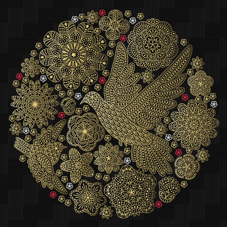 Round background with flowers and birds. Vector illustrationのイラスト素材