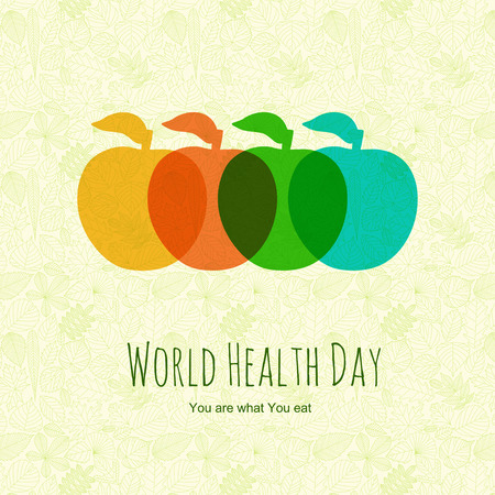 Apples on abstract background with leaves. World health day background. Vector illustration.のイラスト素材