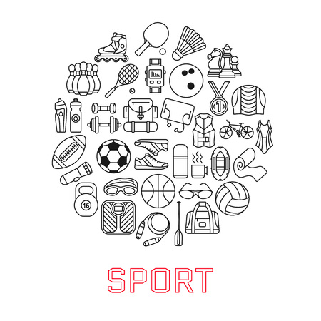 Circle made of line icons. Sport, fitness and recreation equipment. Rafting and kayaking. Simple design. Vector illustrationのイラスト素材