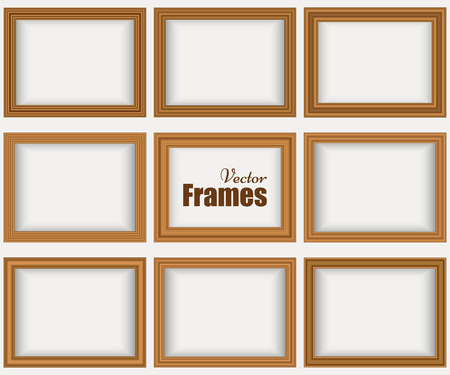 Set of wooden realistic frames with shadow isolated on the white wall. Vector illustrationのイラスト素材