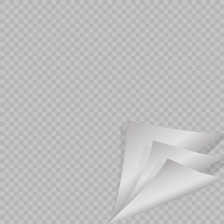 Page curl with shadow on blank sheet of paper. White sticker. Element for advertising and promotional message isolated on transparent background. Vector illustration for your design and businessのイラスト素材
