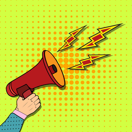 Casual hand holding bullhorn vector illustration, concept of news announcement, loud shout, shouting people, advertisement speech symbol, broadcasting flat modern design isolated on white backgroundのイラスト素材