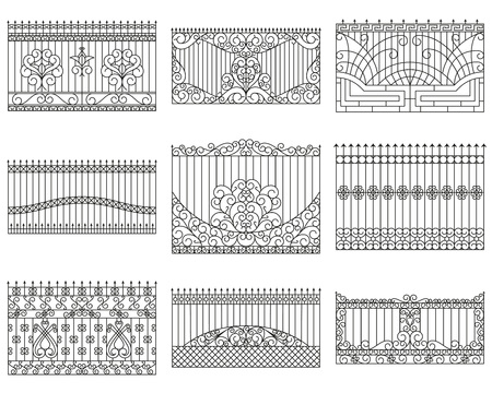 Forged fences set. Linear design. Vector outline illustration isolated on whiteのイラスト素材