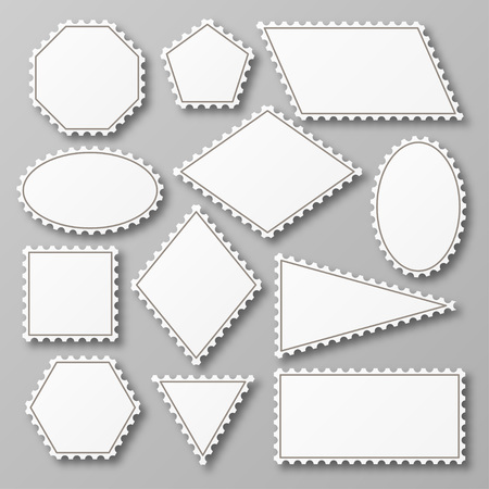 Postage stamp set. Shiny white design with shadow. Vector illustration.のイラスト素材