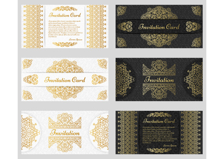 Ornate vintage invitation cards with line art frames and borders. Vector illustration.のイラスト素材