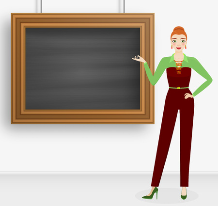 Attractive woman in elegant office clothes and presentation board. Vector illustrationのイラスト素材