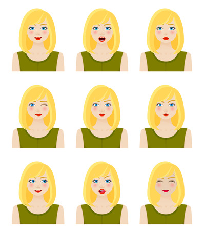 Attractive girl showing different facial expressions. Vector illustrationのイラスト素材