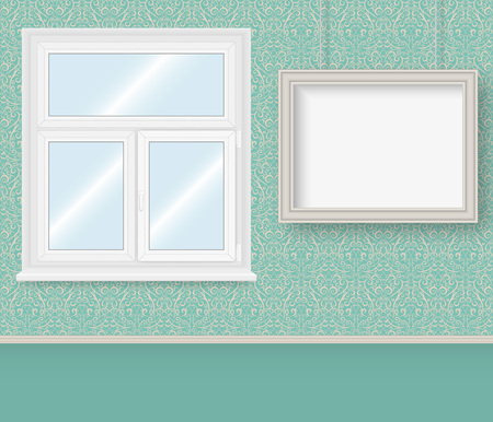 Realistic white plastic window and frame on the wall with Damask wallpapers. Vector illustration.のイラスト素材