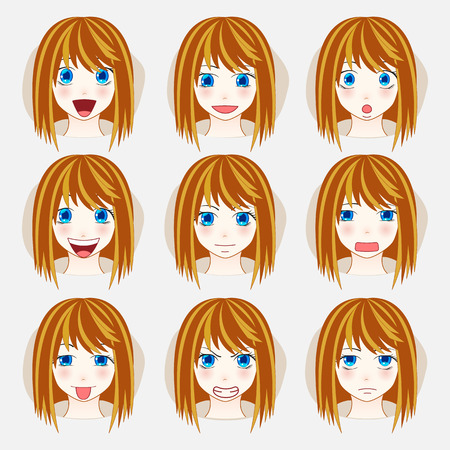 Set of beauty woman avatar expressions face emotions vector illustration.のイラスト素材