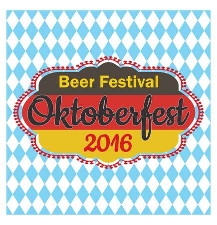 Oktoberfest greeting card. Poster with flag of Germany on background of blue rhombuses. Vector illustration.のイラスト素材