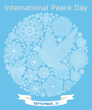 International Peace Day background with ornate birds and flowers. Round shape.のイラスト素材