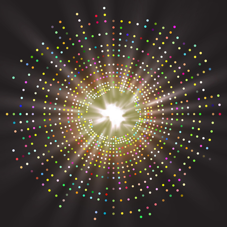 Abstract geometric colored technology shape of glowing particles .Broken light neon dots and network connection. Music background, Vector transparent sunlight special lens flare light effect.のイラスト素材