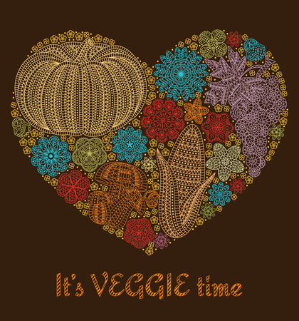 Autumn background with creative vegetables and flowers, decorative floral background, heart shape, vector illustrationのイラスト素材