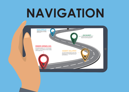 Mobile gps navigation on mobile phone. Hand holds smartphone with city map on screen. illustration flat design. Icon isolated GPS mobile device.のイラスト素材