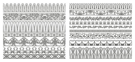 set of floral elements for ethnic decor. Seamless patterns for frames, borders and backgrounds. Detailed decorative motifs. Black and white colorsのイラスト素材