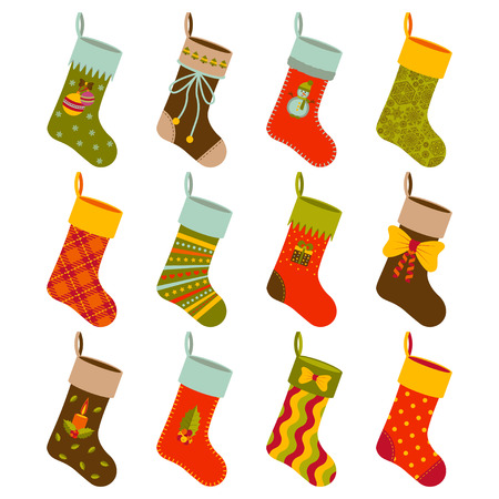 Christmas gift socks set with different holiday elements. illustration.のイラスト素材
