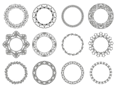 Vector set of floral elements for ethnic decor. Round frames. Detailed decorative motifs. Black and white colors.のイラスト素材