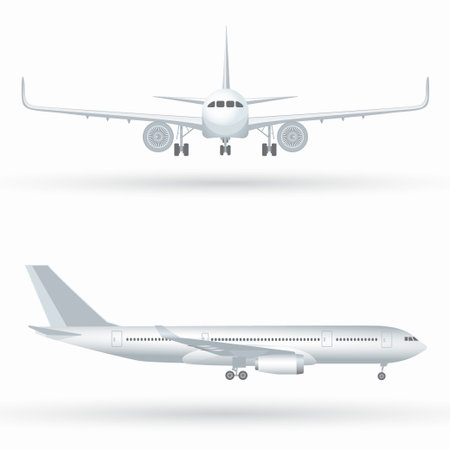 White airplane icon set on a white background in profile and from the front isolated vector illustrationのイラスト素材