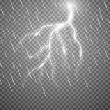 Realistic vector lightning with rain on checkered background. Bright, electric lightning.のイラスト素材