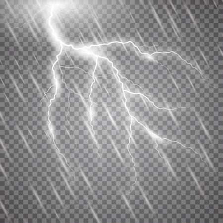 Realistic vector lightning with rain on checkered background. Bright, electric lightning.のイラスト素材
