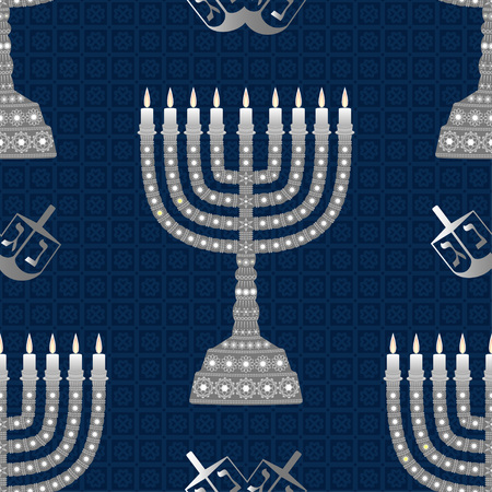 Hanukkah background with menorah. Candles, David star and jewels. Seamless pattern.のイラスト素材