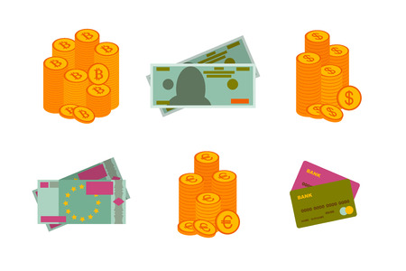 Dollar and Euro paper banknotes, coins. Bitcoins and credit bank cards. Flat icons. Vector illustration.のイラスト素材