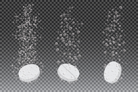 Soluble drug with fizzy trace isolated on checkered background, vector illustration. Vitamin in water effervescent, three dissolving tablets.のイラスト素材