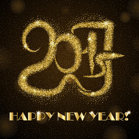 Golden glitter glow 2017 new year with glitter shining stars, sparkles and bokeh background, vector illustration. Calendar greeting card design typography template.のイラスト素材
