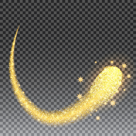 Gold glittering stars dust trail sparkling particles on black background. Space glitter comet tail. Vector illustration.のイラスト素材