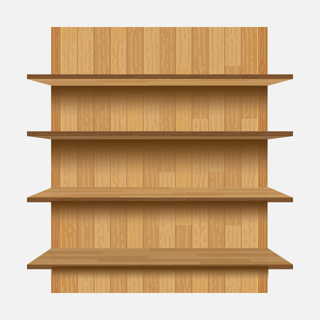 Empty shelves on the wooden wall, illuminated with reflector light on checkered background, vector illustrationのイラスト素材