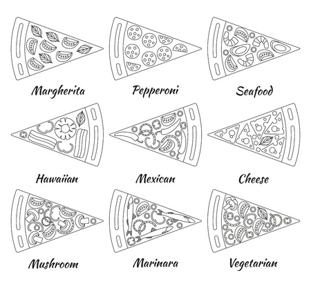 Nine pieces of hot delicious tasty pizza in line style. Vector illustrationのイラスト素材