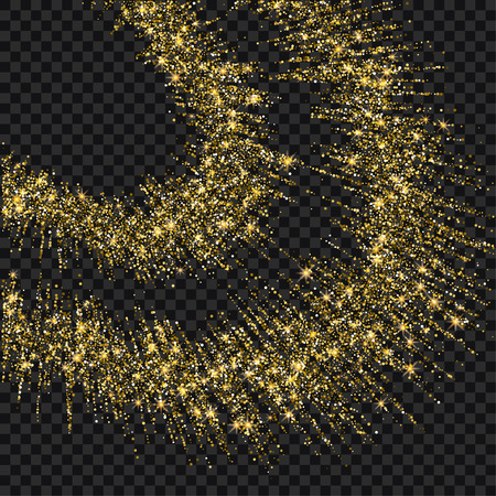 Festive explosion of confetti. Gold glitter background for the card, invitation. Holiday Decorative element. Illustration of falling shiny particles and stars isolated on checkered background.のイラスト素材