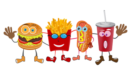 A group of friendly Fast Food meals isolated on white background. Smile concept. Vector illustration.のイラスト素材