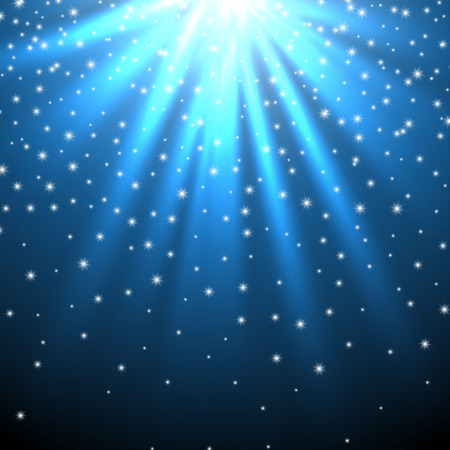 Snow and stars are falling on the background of blue luminous rays. Vector illustration.のイラスト素材
