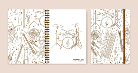 Cover design for notebooks or scrapbooks with musical instruments. Vector illustration.のイラスト素材