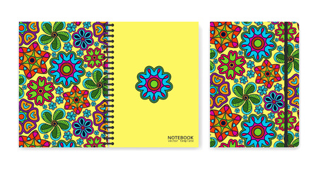 Cover design for notebooks or scrapbooks with beautiful ornamental flowers. Vector illustration.のイラスト素材