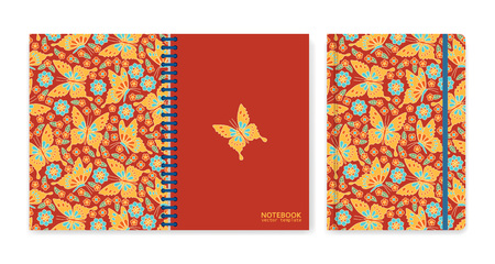 Cover design for notebooks or scrapbooks with flowers and butterflies. Vector illustration.のイラスト素材