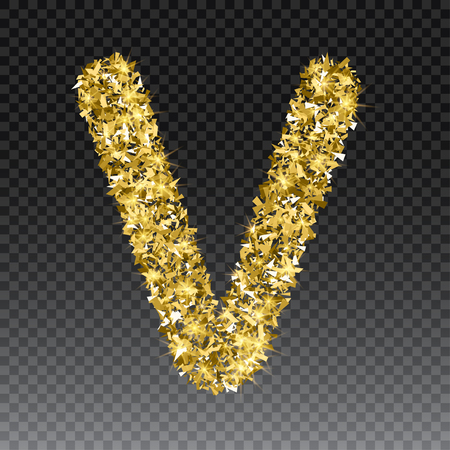 Gold glittering letter V. Vector shining golden font lettering of sparkles on checkered background.のイラスト素材