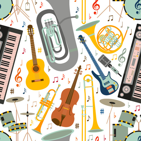 Musical seamless pattern made of different musical instruments, treble clef and notes. Colorful vector illustration.のイラスト素材
