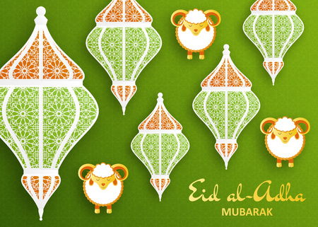 Eid Al Adha Background. Islamic Arabic lantern and sheep. Greeting card. Vector illustration.のイラスト素材