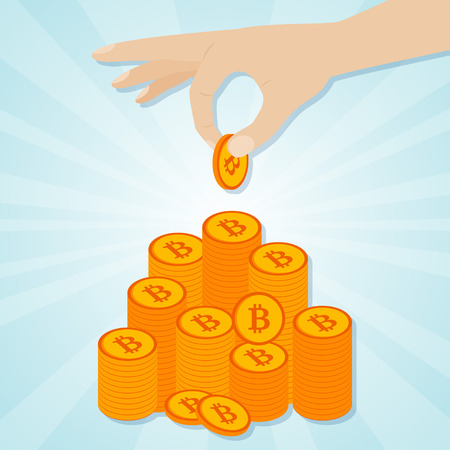 Hand laying golden bitcoins to staircase. Vector illustrationのイラスト素材