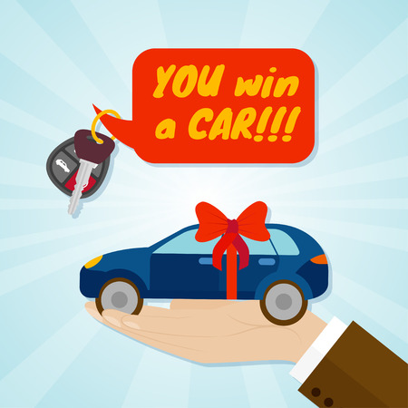 Hand giving car with red ribbon and key. Rental or sale concept. Vector illustrationのイラスト素材
