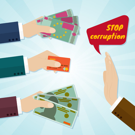 Hands giving card or money for bribe. Stop corruption concept. Vector illustrationのイラスト素材