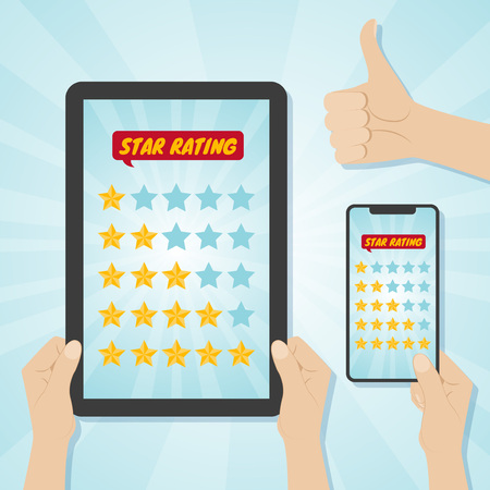Hands choosing five stars rating on gadgets. Vector illustrationのイラスト素材
