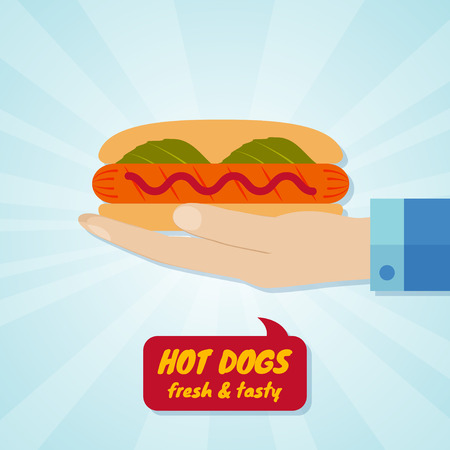 Hand giving hot dog. Fast food concept. Vector illustration.のイラスト素材