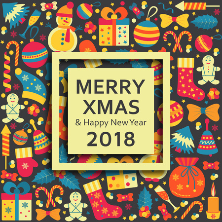 Christmas greeting card with text Merry Xmas and many winters toys.のイラスト素材